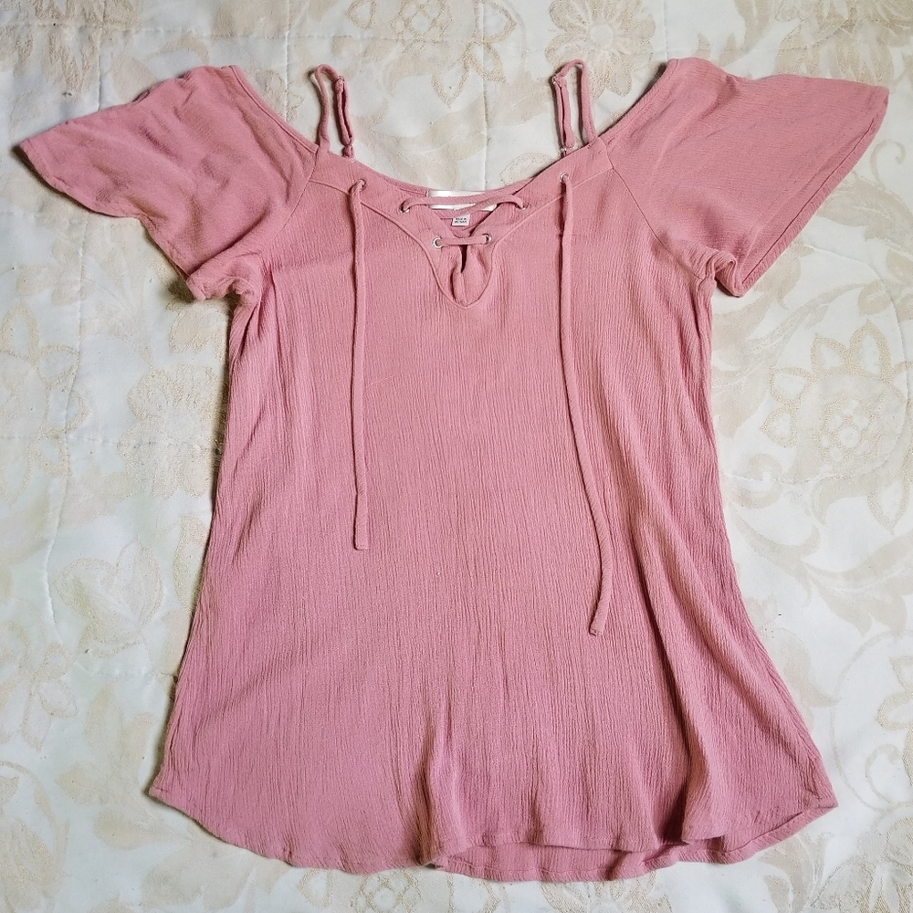 rose blossom pink chiffon short butterfly sleeves blouse lace up front top